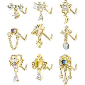 JOERICA 9 قطع 20 جرام حلقات أنف متدلية للنساء من الفولاذ المقاوم للصدأ على شكل حرف L أزرار أنف قلب قمر ريشة ندفة الثلج جناح تشيكوسلوفاكيا متدلية الأنف ثقب المجوهرات in Kuwait