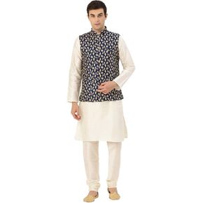 Sojanya (Since 1958, Men's Silk Blend Off White Kurta Pyjama & Beige Nehru Jacket Combo