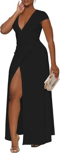 فستان نسائي طويل مثير من NADIA FRACA بأكمام قصيرة وفتحة رقبة على شكل V عميقة ورباط خلفي وخصر عالي وفتحة ملفوفة كاجوال فستان طويل للكوكتيل in Kuwait