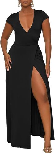 فستان نسائي طويل مثير من NADIA FRACA بأكمام قصيرة وفتحة رقبة على شكل V عميقة ورباط خلفي وخصر عالي وفتحة ملفوفة كاجوال فستان طويل للكوكتيل in Kuwait