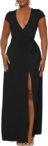 فستان نسائي طويل مثير من NADIA FRACA بأكمام قصيرة وفتحة رقبة على شكل V عميقة ورباط خلفي وخصر عالي وفتحة ملفوفة كاجوال فستان طويل للكوكتيل in Kuwait