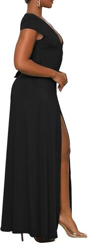 فستان نسائي طويل مثير من NADIA FRACA بأكمام قصيرة وفتحة رقبة على شكل V عميقة ورباط خلفي وخصر عالي وفتحة ملفوفة كاجوال فستان طويل للكوكتيل in Kuwait