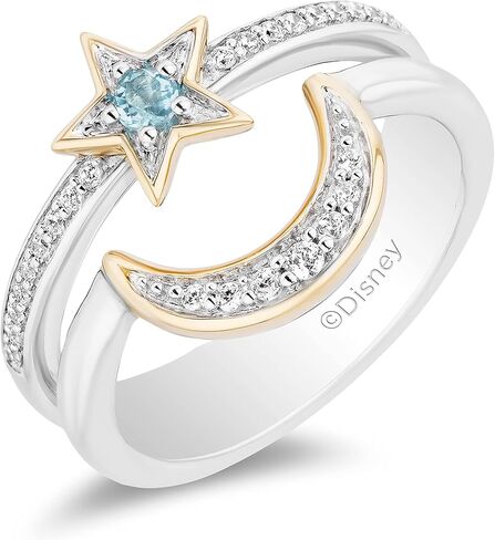 Jewelili Enchanted Disney Fine Jewelry Sterling Silver and 10K Yellow Gold 1/6 CTTW Diamond, Swiss Blue Topaz Aladdin 30th Anniversary Jasmine Star & Moon Ring in Saudi Arabia