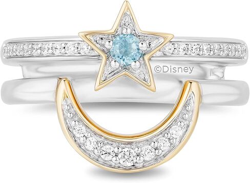 Jewelili Enchanted Disney Fine Jewelry Sterling Silver and 10K Yellow Gold 1/6 CTTW Diamond, Swiss Blue Topaz Aladdin 30th Anniversary Jasmine Star & Moon Ring in Saudi Arabia