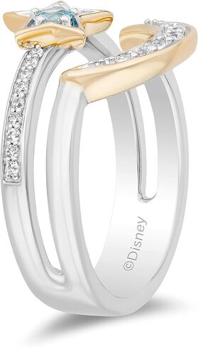 Jewelili Enchanted Disney Fine Jewelry Sterling Silver and 10K Yellow Gold 1/6 CTTW Diamond, Swiss Blue Topaz Aladdin 30th Anniversary Jasmine Star & Moon Ring in Saudi Arabia