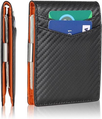 محفظة AZZS Minimalist للرجال والنساء - محفظة نحيفة من الجلد الطبيعي بحجب RFID مع 12 فتحة لبطاقة الائتمان، ومشبك نقود (أسود كربوني وبرتقالي) in Kuwait