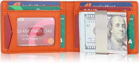 محفظة AZZS Minimalist للرجال والنساء - محفظة نحيفة من الجلد الطبيعي بحجب RFID مع 12 فتحة لبطاقة الائتمان، ومشبك نقود (أسود كربوني وبرتقالي) in Kuwait