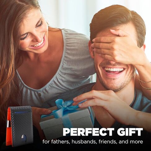 محفظة AZZS Minimalist للرجال والنساء - محفظة نحيفة من الجلد الطبيعي بحجب RFID مع 12 فتحة لبطاقة الائتمان، ومشبك نقود (أسود كربوني وبرتقالي) in Kuwait