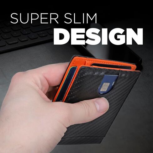 محفظة AZZS Minimalist للرجال والنساء - محفظة نحيفة من الجلد الطبيعي بحجب RFID مع 12 فتحة لبطاقة الائتمان، ومشبك نقود (أسود كربوني وبرتقالي) in Kuwait