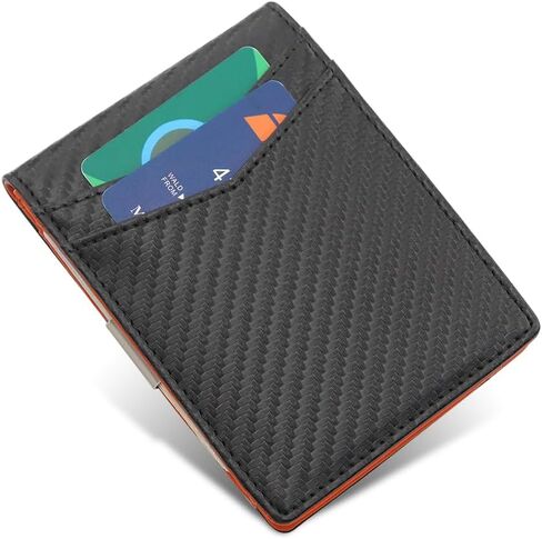 محفظة AZZS Minimalist للرجال والنساء - محفظة نحيفة من الجلد الطبيعي بحجب RFID مع 12 فتحة لبطاقة الائتمان، ومشبك نقود (أسود كربوني وبرتقالي) in Kuwait