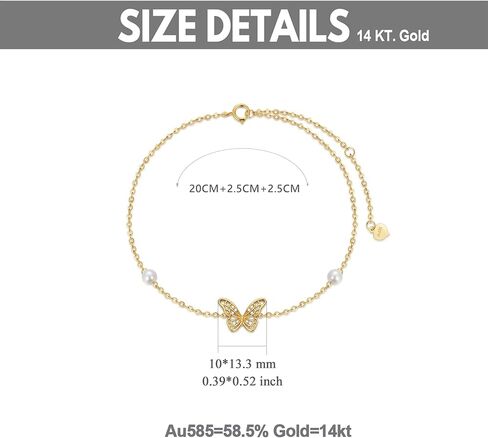 خلخال بتصميم فراشة من الذهب الخالص عيار 14 قيراط للنساء، سوار كاحل مرصع باللؤلؤ الحقيقي، هدايا للنساء، مرصع بالزركونيا المكعب, معدن, مكعب زركونيا in Kuwait