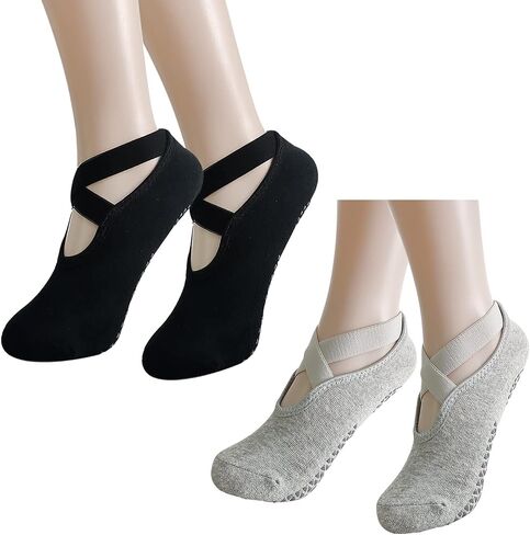 2 Pairs Yoga Socks Pilates Socks Non Slip Grip Socks for Women Pilates Ballet Barefoot Workout Non Slip Socks with Straps in Saudi Arabia