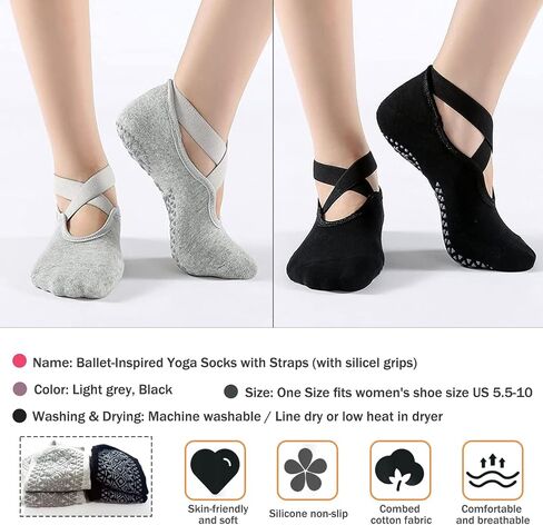 2 Pairs Yoga Socks Pilates Socks Non Slip Grip Socks for Women Pilates Ballet Barefoot Workout Non Slip Socks with Straps in Saudi Arabia