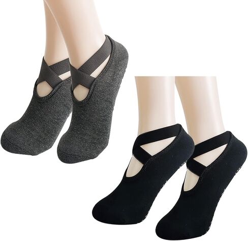 2 Pairs Yoga Socks Pilates Socks Non Slip Grip Socks for Women Pilates Ballet Barefoot Workout Non Slip Socks with Straps in Saudi Arabia