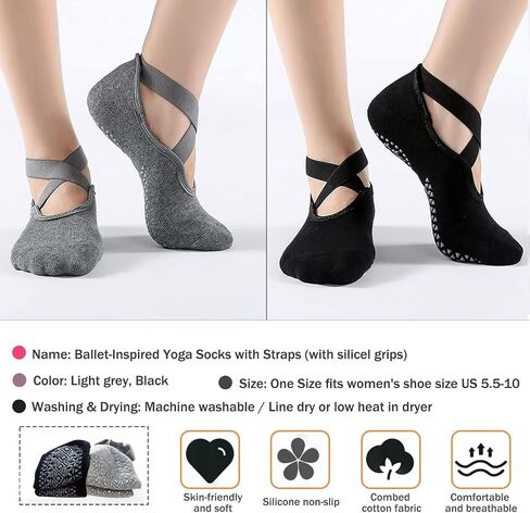 2 Pairs Yoga Socks Pilates Socks Non Slip Grip Socks for Women Pilates Ballet Barefoot Workout Non Slip Socks with Straps in Saudi Arabia