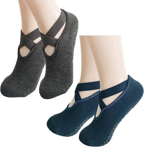 2 Pairs Yoga Socks Pilates Socks Non Slip Grip Socks for Women Pilates Ballet Barefoot Workout Non Slip Socks with Straps in Saudi Arabia