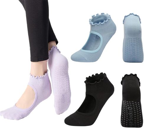 ANIDL 2 Pairs Frilly Yoga Socks Non Slip with Grip Yoga Pilates Ballet Barre Socks for Women in Kuwait