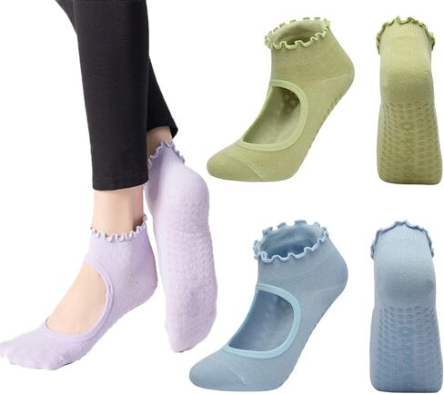 ANIDL 2 Pairs Frilly Yoga Socks Non Slip with Grip Yoga Pilates Ballet Barre Socks for Women in Kuwait