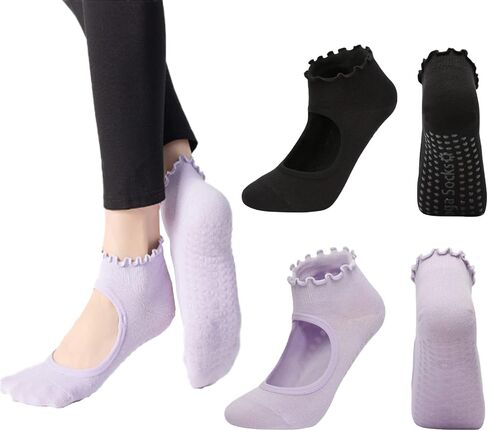 ANIDL 2 Pairs Frilly Yoga Socks Non Slip with Grip Yoga Pilates Ballet Barre Socks for Women in Kuwait