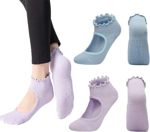ANIDL 2 Pairs Frilly Yoga Socks Non Slip with Grip Yoga Pilates Ballet Barre Socks for Women in Kuwait