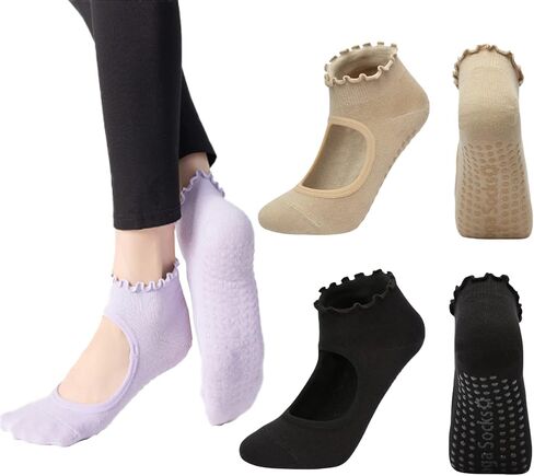 ANIDL 2 Pairs Frilly Yoga Socks Non Slip with Grip Yoga Pilates Ballet Barre Socks for Women in Kuwait