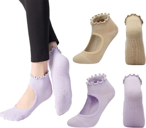 ANIDL 2 Pairs Frilly Yoga Socks Non Slip with Grip Yoga Pilates Ballet Barre Socks for Women in Kuwait