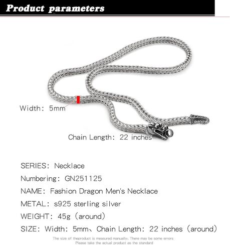 H&Beautimer Men 925 Sterling Silver Dragon Chain Necklace Fashion 5MM-20 22" 24" 26" Solid Thick squareLink Choker Boys Golden Jewelry Gift in Saudi Arabia