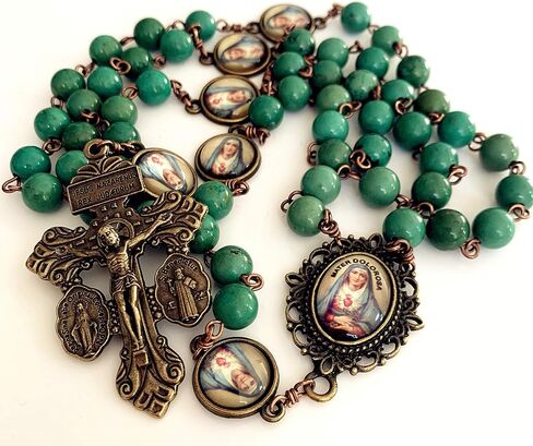 elegantmedical Hanmade Turguoies Prayer Beads Catholic MATER DOLOROSA Rosary Bronze Pardon Crucifix Necklace Gift Box (Turguoies) in Saudi Arabia