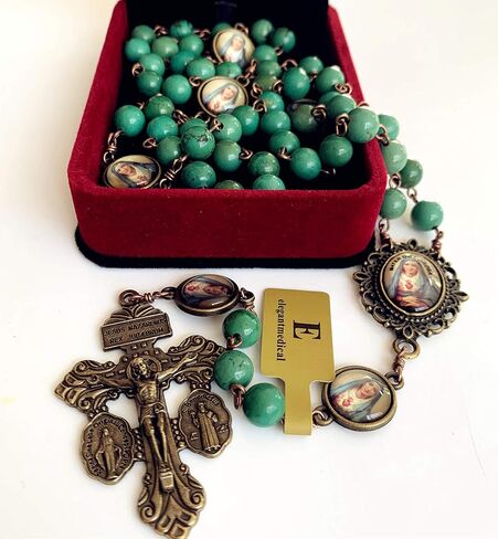 elegantmedical Hanmade Turguoies Prayer Beads Catholic MATER DOLOROSA Rosary Bronze Pardon Crucifix Necklace Gift Box (Turguoies) in Saudi Arabia