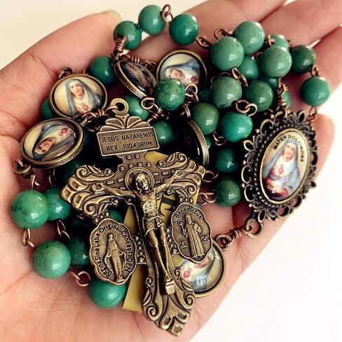 elegantmedical Hanmade Turguoies Prayer Beads Catholic MATER DOLOROSA Rosary Bronze Pardon Crucifix Necklace Gift Box (Turguoies) in Saudi Arabia