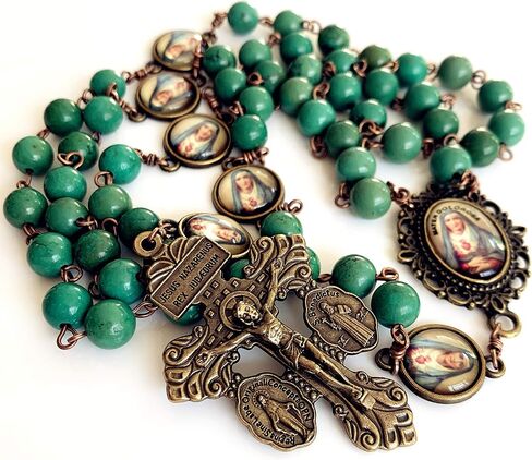 elegantmedical Hanmade Turguoies Prayer Beads Catholic MATER DOLOROSA Rosary Bronze Pardon Crucifix Necklace Gift Box (Turguoies) in Saudi Arabia