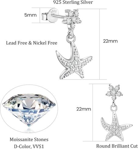 Tunzug Starfish Moissanite Earrings Lab Cultured Diamonds 925 Sterling Silver Hypoallergenic Dangle Earrings in Kuwait