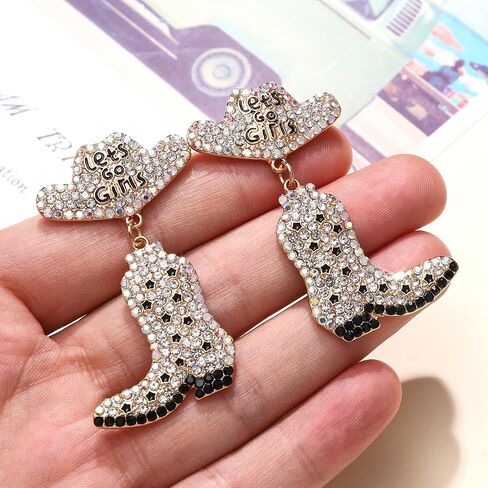 Western Earrings Sparkly Rhinestone Cowgirl Boot Drop Dangle Earrings Fun Handmade Country Concert Beaded Let’s Go Girls Dangling Earrings Statement Cowboy Bride Nashville Hat Earrings Jewelry Night Bachelorette Party Outfits Gifts for Women in Saudi Arabia