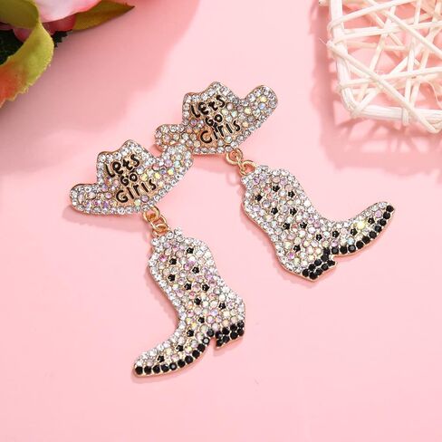 Western Earrings Sparkly Rhinestone Cowgirl Boot Drop Dangle Earrings Fun Handmade Country Concert Beaded Let’s Go Girls Dangling Earrings Statement Cowboy Bride Nashville Hat Earrings Jewelry Night Bachelorette Party Outfits Gifts for Women in Saudi Arabia