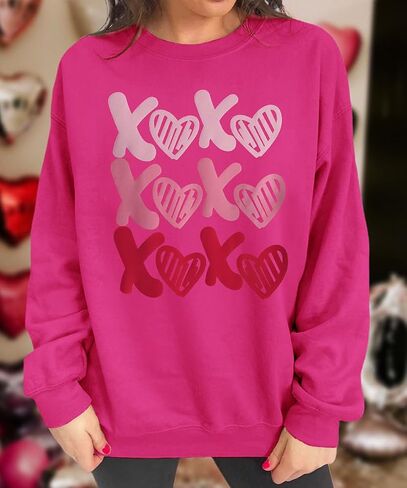KEKEMI Women Valentine's Day Sweatshirt Retro XOXO Graphic Sweater Simple Heart Printed Shirt Casual Long Sleeve Pullover Top in Saudi Arabia