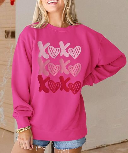 KEKEMI Women Valentine's Day Sweatshirt Retro XOXO Graphic Sweater Simple Heart Printed Shirt Casual Long Sleeve Pullover Top in Saudi Arabia