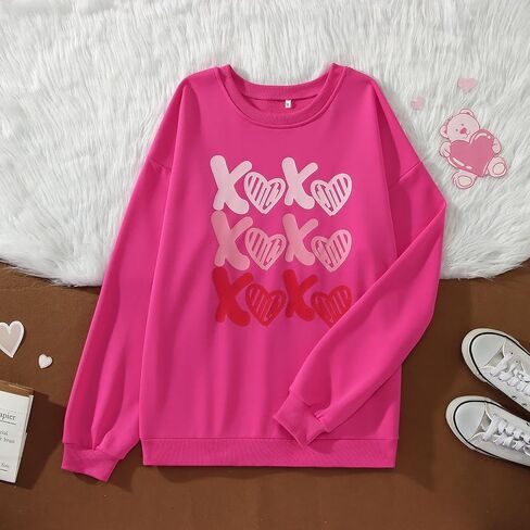 KEKEMI Women Valentine's Day Sweatshirt Retro XOXO Graphic Sweater Simple Heart Printed Shirt Casual Long Sleeve Pullover Top in Saudi Arabia