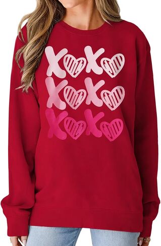 KEKEMI Women Valentine's Day Sweatshirt Retro XOXO Graphic Sweater Simple Heart Printed Shirt Casual Long Sleeve Pullover Top in Saudi Arabia