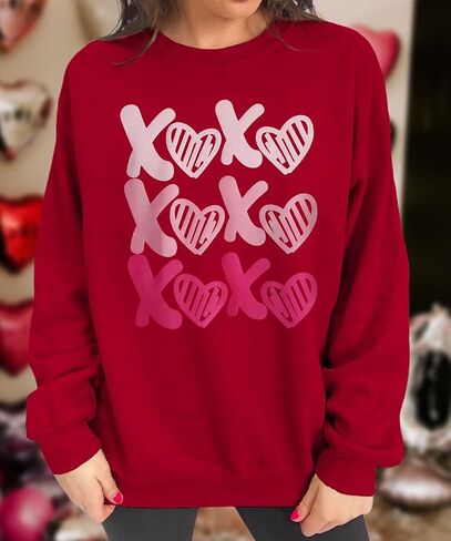 KEKEMI Women Valentine's Day Sweatshirt Retro XOXO Graphic Sweater Simple Heart Printed Shirt Casual Long Sleeve Pullover Top in Saudi Arabia