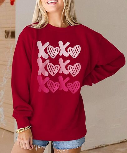 KEKEMI Women Valentine's Day Sweatshirt Retro XOXO Graphic Sweater Simple Heart Printed Shirt Casual Long Sleeve Pullover Top in Saudi Arabia