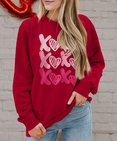 KEKEMI Women Valentine's Day Sweatshirt Retro XOXO Graphic Sweater Simple Heart Printed Shirt Casual Long Sleeve Pullover Top in Saudi Arabia