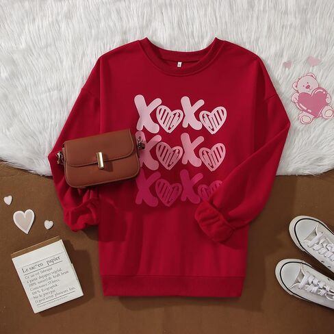 KEKEMI Women Valentine's Day Sweatshirt Retro XOXO Graphic Sweater Simple Heart Printed Shirt Casual Long Sleeve Pullover Top in Saudi Arabia