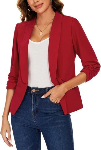 سترة نسائية من MINTILIMIT بأكمام مكشكشة 3/4 وطية صدر شال مفتوحة من الأمام سترات مكتب عمل غير رسمية سترة خفيفة الوزن مع جيوب in Kuwait