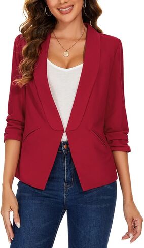 سترة نسائية من MINTILIMIT بأكمام مكشكشة 3/4 وطية صدر شال مفتوحة من الأمام سترات مكتب عمل غير رسمية سترة خفيفة الوزن مع جيوب in Kuwait