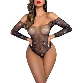 L04BABY Women Lingerie Fishnet Glittering Bodysuit Sexy Babydoll Catsuits Sheer Lace Teddy Bodysuit Cut Out Sleepwear