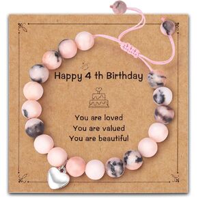 Alissl 4-12 Year Old Birthday Gifts for Girls, Adjustable Pink Natural Stone Bracelet with Sweet Heart Charm Christmas Gifts for Teen Girls Daughter Granddaughter Niece