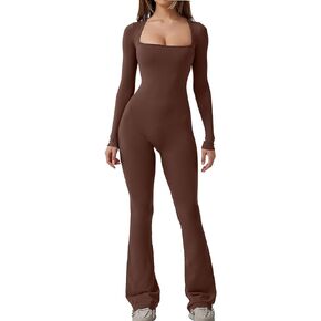 LASPIA Women's Padded Bras Jumpsuits Long Sleeve Square Neck Wide Leg Full Length Romper Playsuit