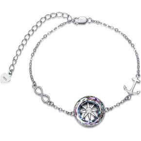AOBOCO Compass Bracelet 925 Sterling Silver Compass Jewelry Charm Bracelet with Color Change Circle Crystal, Christmas Graduation Gifts for Best Friends Women Sisters