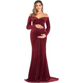 VSNOW Velvet Maternity Half Circle Off Shoulder Fitted Gown Maxi Photography Dress for Photo Shoot Photo Props Dress