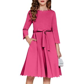 Arshiner Girls Party Dress Scallop Trim Belted A-Line Formal Midi Dresses with Pockets for 6-15Y in Saudi Arabia